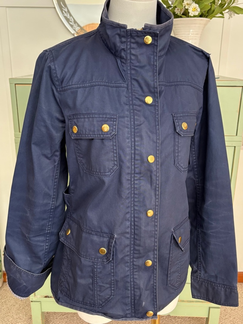J Crew Navy Blue Utility/Field Jacket in Waxed Cotton w Distinctive Gold Snaps M - Picture 5 of 15
